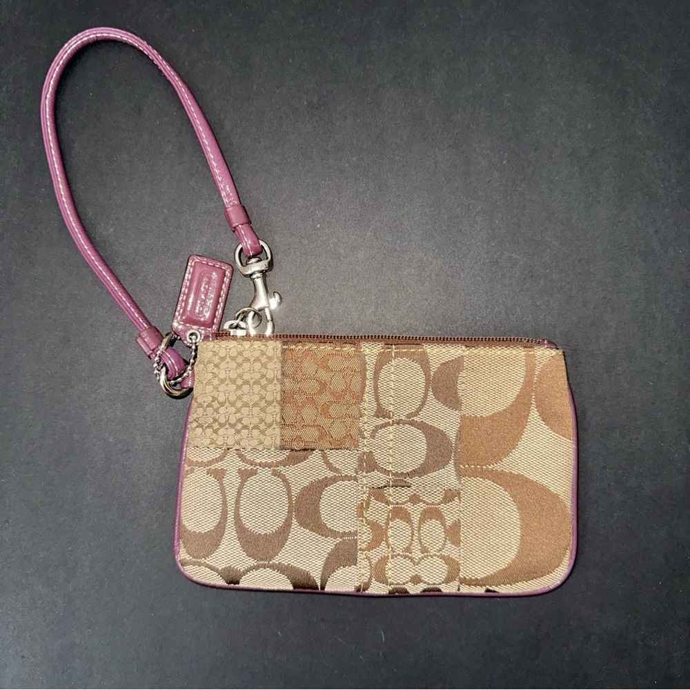 Coach Signature Monogram Wristlet Wallet Brown/Tan Canvas Purple Strap/Interior
